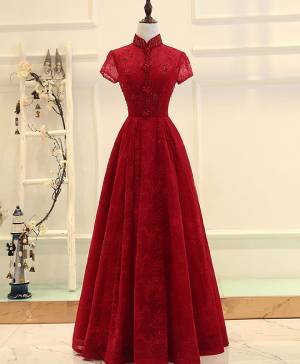 Burgundy Lace High Low Long Prom Evening Dress