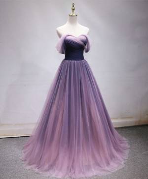 Simple Purple Tulle Off Shoulder Long Prom Bridesmaid Dress