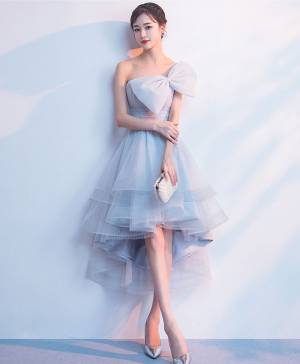 Gray Tulle High Low Prom Homecoming Dress