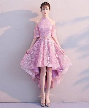 Pink Lace High Neck Short/Mini Prom Homecoming Dress