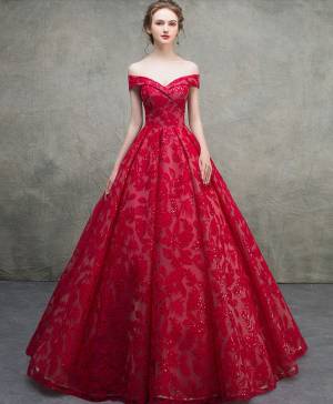 Red Lace Off-the-shoulder Long Prom Evening Dress