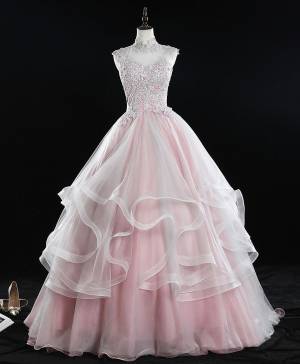 Pink Tulle Lace High Neck Long Sweet 16 Prom Dress
