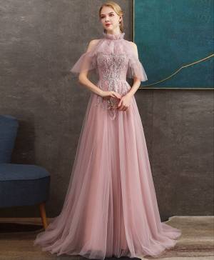Pink Tulle Lace Long Prom Formal Dress