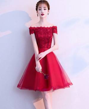 Burgundy Tulle Lace Short/Mini Cute Prom Homecoming Dress