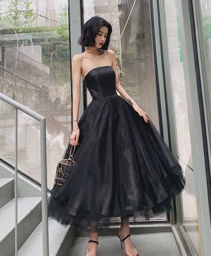 Vintage Strapless Black Tulle Tea Length Prom Homecoming Dress