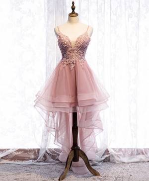 A Line Pink Tulle High Low Prom Homecoming Dress With Lace