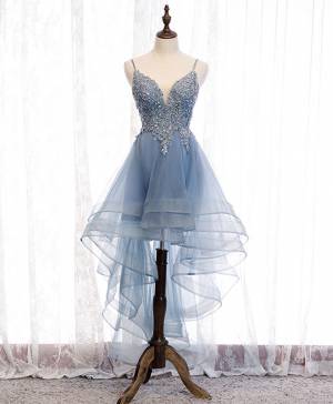 Blue Tulle Lace Sweetheart High Low Prom Homecoming Dress