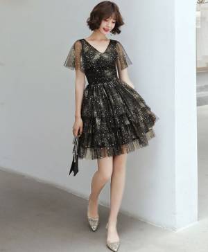 Black Tulle V-neck With Sequin Short/Mini Prom Homecoming Dress