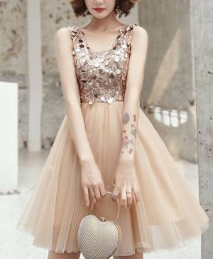 Champagne Tulle V-neck With Sequin Short/Mini Prom Homecoming Dress