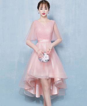 Simple Cute V Neck Pink Tulle Short Bridesmaid Dress