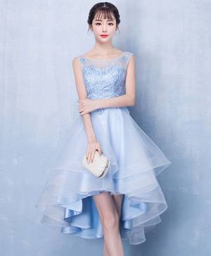 Blue Tulle Lace High Low Prom Homecoming Dress