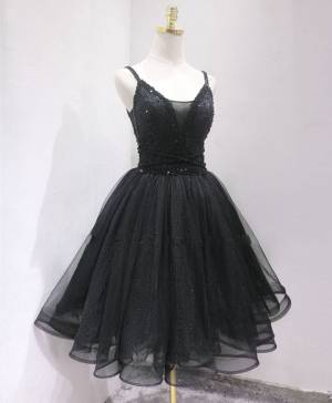 Simple Black Tulle Short/Mini Prom Homecoming Dress With Beading