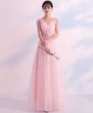 Sheath Pink Tulle V-neck Long Bridesmaid Dress