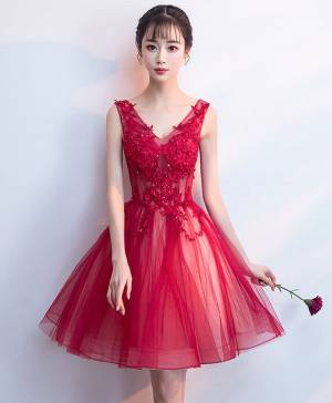 Burgundy Tulle Lace V-neck Short/Mini Prom Homecoming Dress