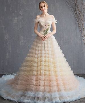 Champagne Tulle Sweetheart Long Prom Evening Dress