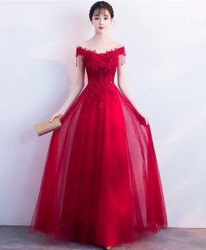 Burgundy Tulle Lace V-neck Long Prom Bridesmaid Dress