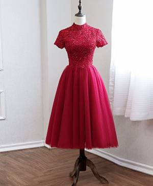Burgundy Lace Tulle Prom Bridesmaid Dress