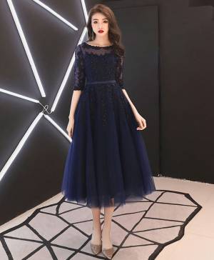 Blue Tulle Lace Round Neck Tea-length Prom Homecoming Dress