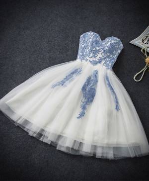 Cute Sweetheart Tulle Short/Mini Homecoming Dress With Blue Lace