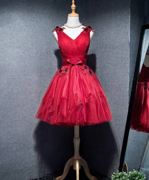 Burgundy Tulle V-neck Simple Homecoming Prom Dress