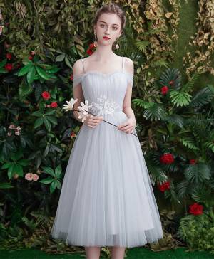 Straps Gray Tulle Lace Short/Mini Bridesmaid Dress