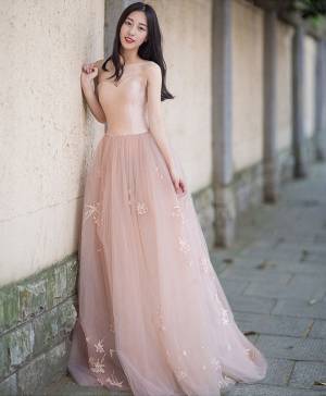 Pink Tulle Simple Long Prom Formal Dress