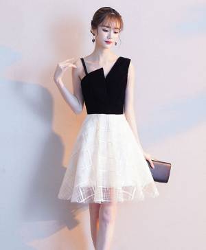Black/White Tulle One Shoulder Short/Mini Prom Homecoming Dress