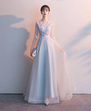 Gray Tulle Lace Long Prom Bridesmaid Dress