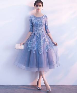 Blue Tulle Lace Round Neck Short/Mini Prom Homecoming Dress