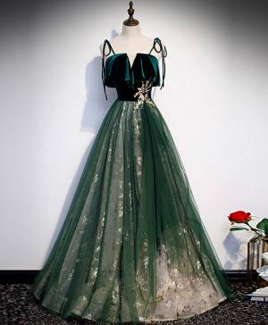 A Line Green Tulle Lace Long Prom Formal Dress With Velvet Top