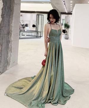 Green Unique Backless Long Prom Evening Dress