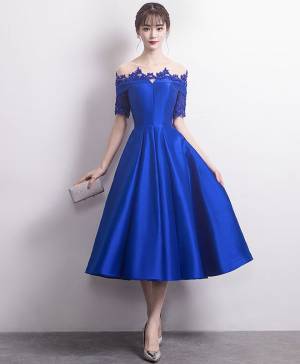 Blue Satin Lace Round Neck Prom Bridesmaid Dress