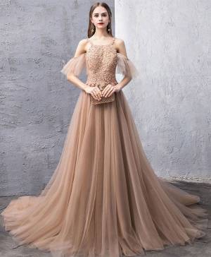 Champagne Tulle Lace Long Prom Evening Dress