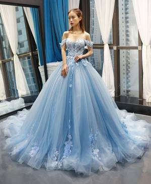 Gorgeous Off Shoulder Ball Gown Long Mermaid Blue Lace Prom Evening Dress