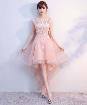 Lovely High Low Pink Tulle Lace Homecoming Dress