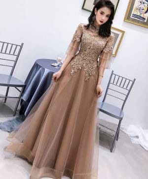 Champagne Tulle Lace High Neck Long Prom Evening Dress