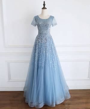Blue Tulle Round Neck With Sequin/Beads Long Prom Formal Dress