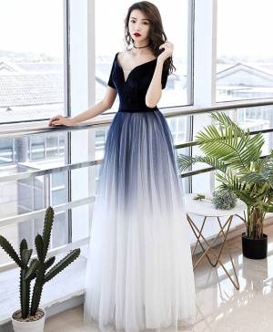 Simple V Neck Blue Tulle Long Prom Evening Dress