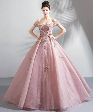 Pink Tulle Lace Off-the-shoulder Long Prom Evening Dress