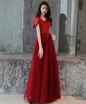 Burgundy Tulle Lace Simple Long Prom Bridesmaid Dress