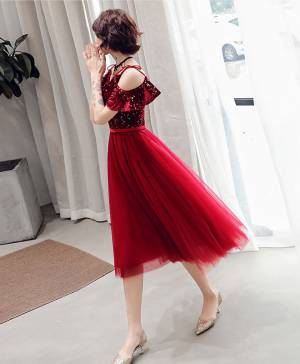 Burgundy Tulle Off-the-shoulder Short/Mini Simple Prom Dress