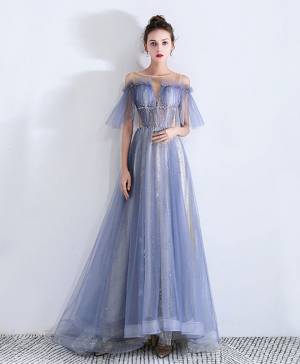Blue Tulle Lace Round Neck Long Prom Evening Dress