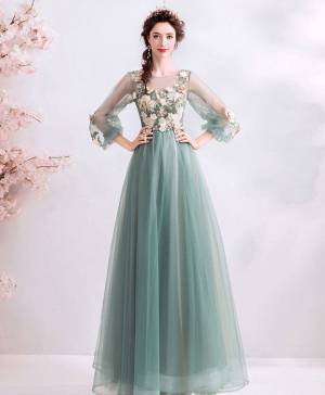 Green Tulle Lace Round Neck Long Prom Bridesmaid Dress