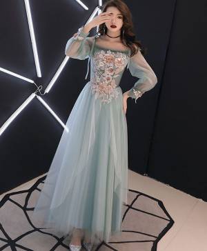 Green Tulle Lace Tea-length Long Prom Evening Dress