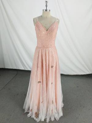 Pink Tulle V-neck Long Prom Evening Dress
