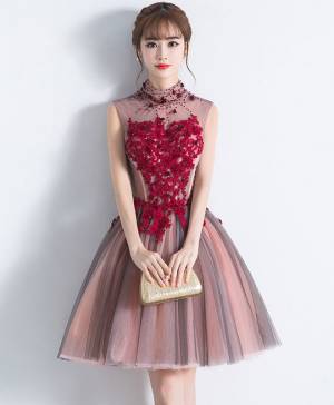 Burgundy Tulle Lace Short/Mini Unique Prom Homecoming Dress