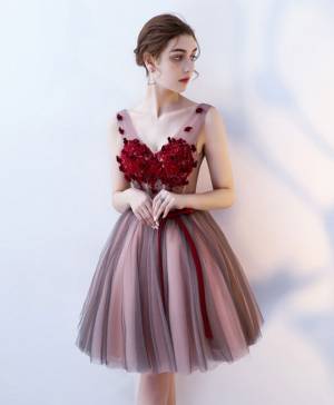 Burgundy Tulle V-neck Short/Mini Prom Evening Dress