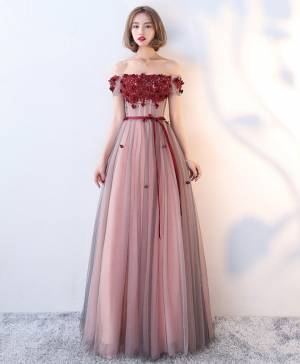 Burgundy Tulle Lace Long Prom Evening Dress