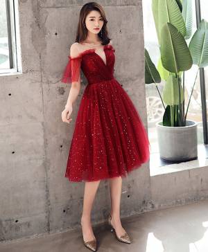 Burgundy Tulle With Sequin Short/Mini Prom Homecoming Dress