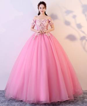 Pink Tulle Lace Long Prom Sweet 16 Dress